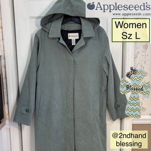 Appleseed's Sage Green Faux Suede Trench Coat, Women Sz L, Removable Lining/Hood
